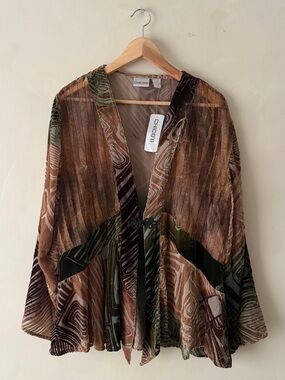 Chico's Sz 3 XL Glam Green Brown Copper Velvet Burnout Fly-Away Jacket Topper790